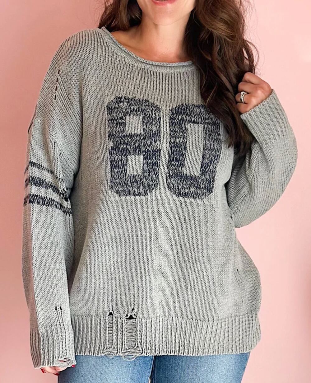 J.O.A Touchdown Distressed Knit Sweater Small Gray 80 Varsity Oversized Pullover